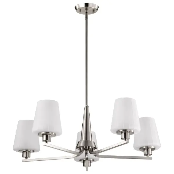The Lune 5-Light Chandelier beautifully bridges retro charm and contemporary design with its graceful lines and etched scalloped glass shades. The brushed nickel finish adds versatility while the warm glow creates an inviting atmosphere perfect for dining spaces and entryways.