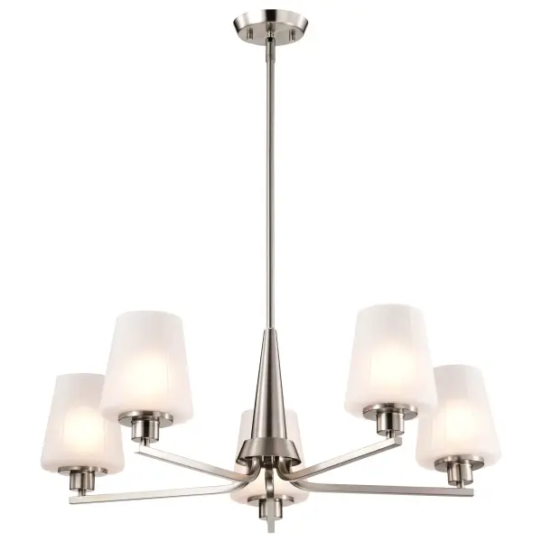 The Lune 5-Light Chandelier beautifully bridges retro charm and contemporary design with its graceful lines and etched scalloped glass shades. The brushed nickel finish adds versatility while the warm glow creates an inviting atmosphere perfect for dining spaces and entryways. - alternate view