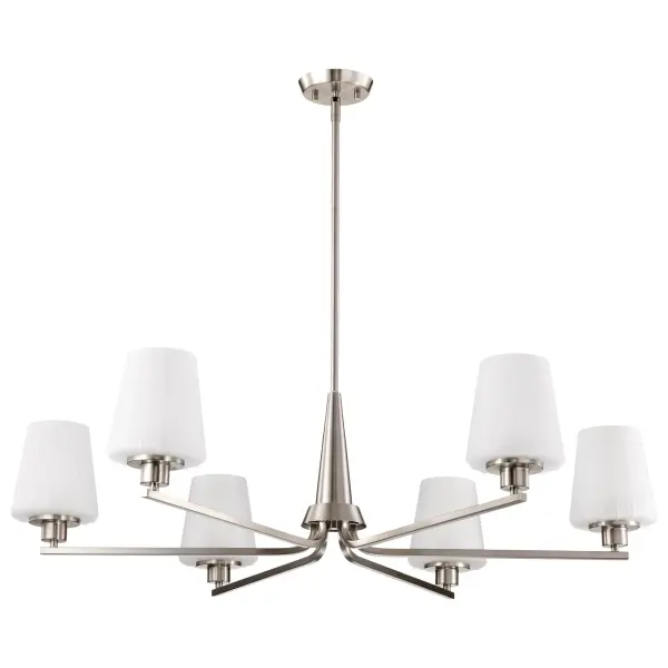The Lune 6-Light Chandelier beautifully bridges retro charm and contemporary design with its graceful lines and etched scalloped glass shades. The brushed nickel finish adds refined versatility while the warm glow creates an inviting ambiance perfect for dining and entertaining spaces.