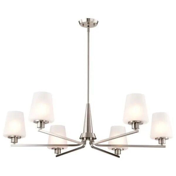 The Lune 6-Light Chandelier beautifully bridges retro charm and contemporary design with its graceful lines and etched scalloped glass shades. The brushed nickel finish adds refined versatility while the warm glow creates an inviting ambiance perfect for dining and entertaining spaces. - alternate view