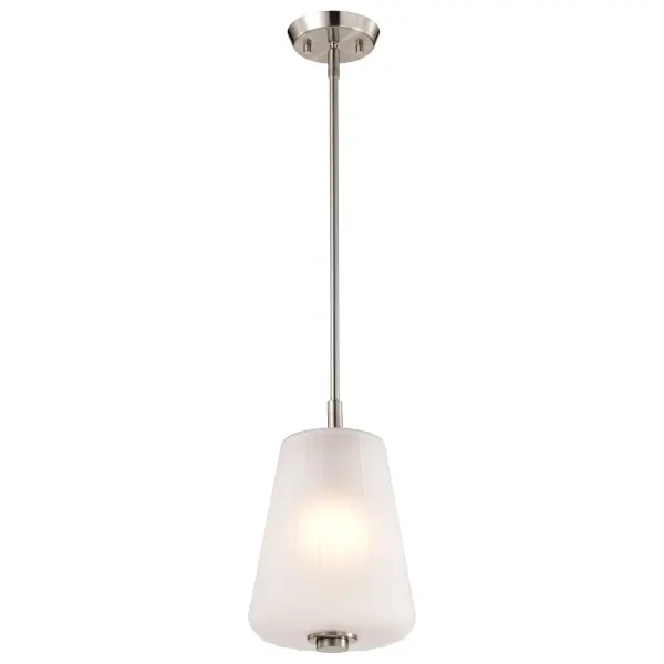 The Lune Mini Pendant beautifully bridges retro charm and modern sophistication with its graceful scalloped etched glass and brushed nickel finish. Perfect for adding character to kitchens, bathrooms, or hallways. - alternate view