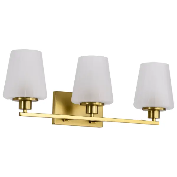 The Lune 3-Light Vanity beautifully blends retro Mid-Century Modern charm with contemporary sophistication. Its vintage brass finish and etched scalloped glass create a warm, inviting glow perfect for bathroom vanities.