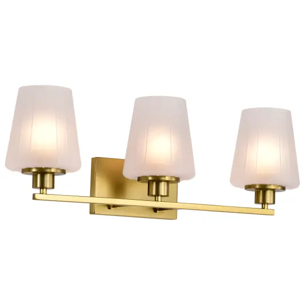 The Lune 3-Light Vanity beautifully blends retro Mid-Century Modern charm with contemporary sophistication. Its vintage brass finish and etched scalloped glass create a warm, inviting glow perfect for bathroom vanities. - alternate view