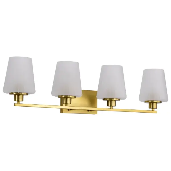 The Lune 4-Light Vanity brings sophisticated retro charm to contemporary bathrooms with its vintage brass finish and etched scalloped glass. Perfect for those seeking timeless style with warm, inviting illumination.
