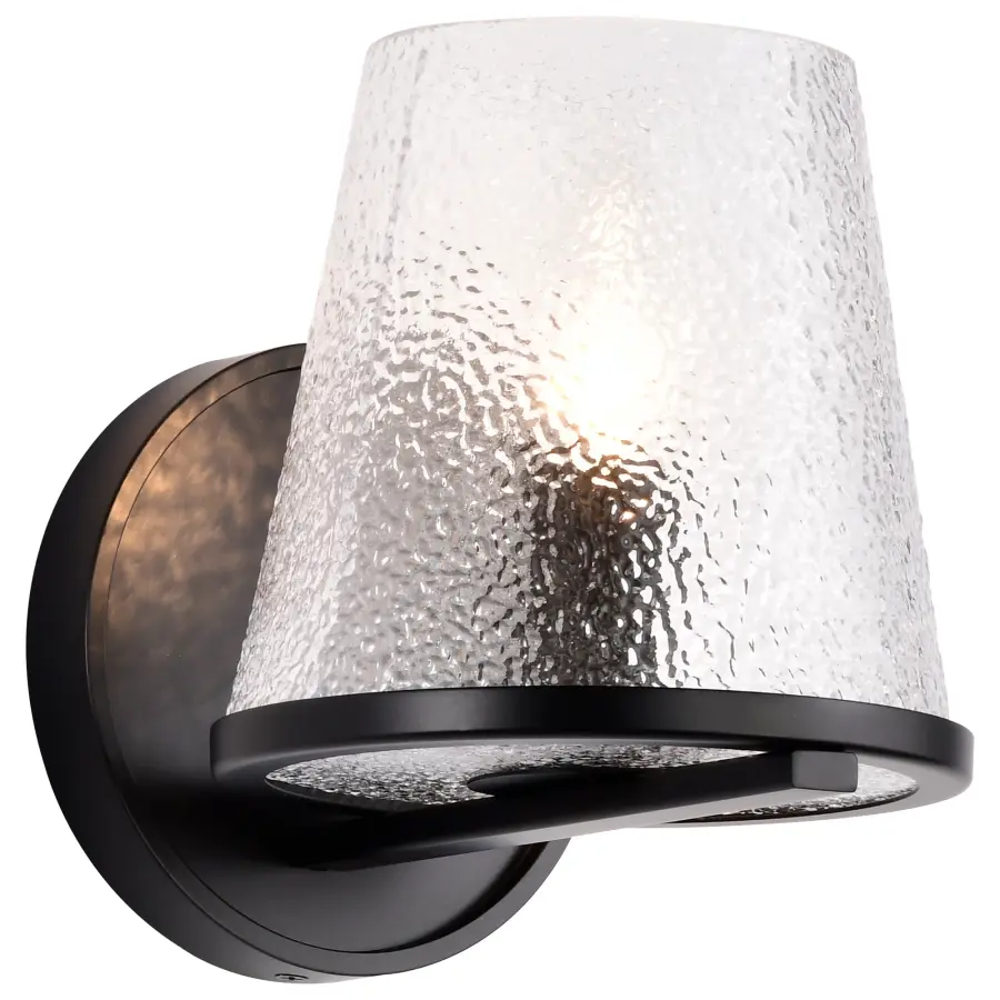 Valentine 1-Light Vanity Sconce in Black with Hammered Glass - Image 2