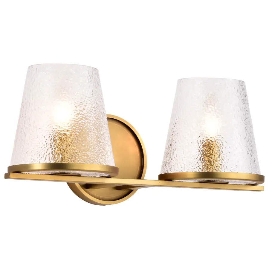 Valentine 2-Light Vanity in Vintage Brass with Hammered Glass - Image 2