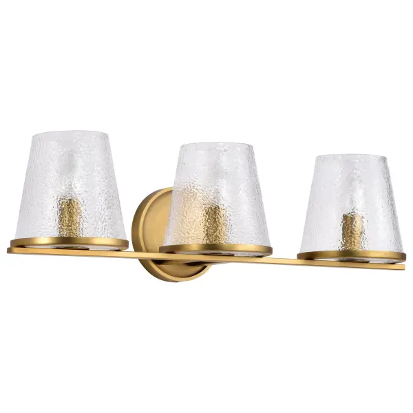 Valentine 3-Light Vanity in Vintage Brass with Hammered Glass - Image 1