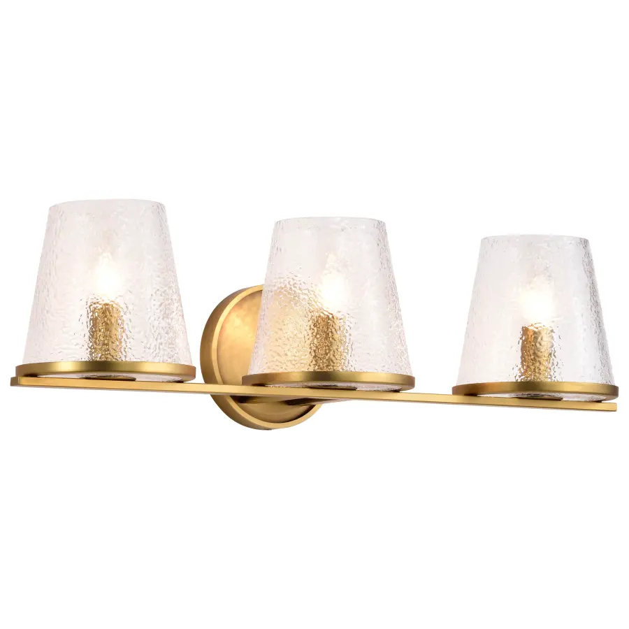 Valentine 3-Light Vanity in Vintage Brass with Hammered Glass - Image 2