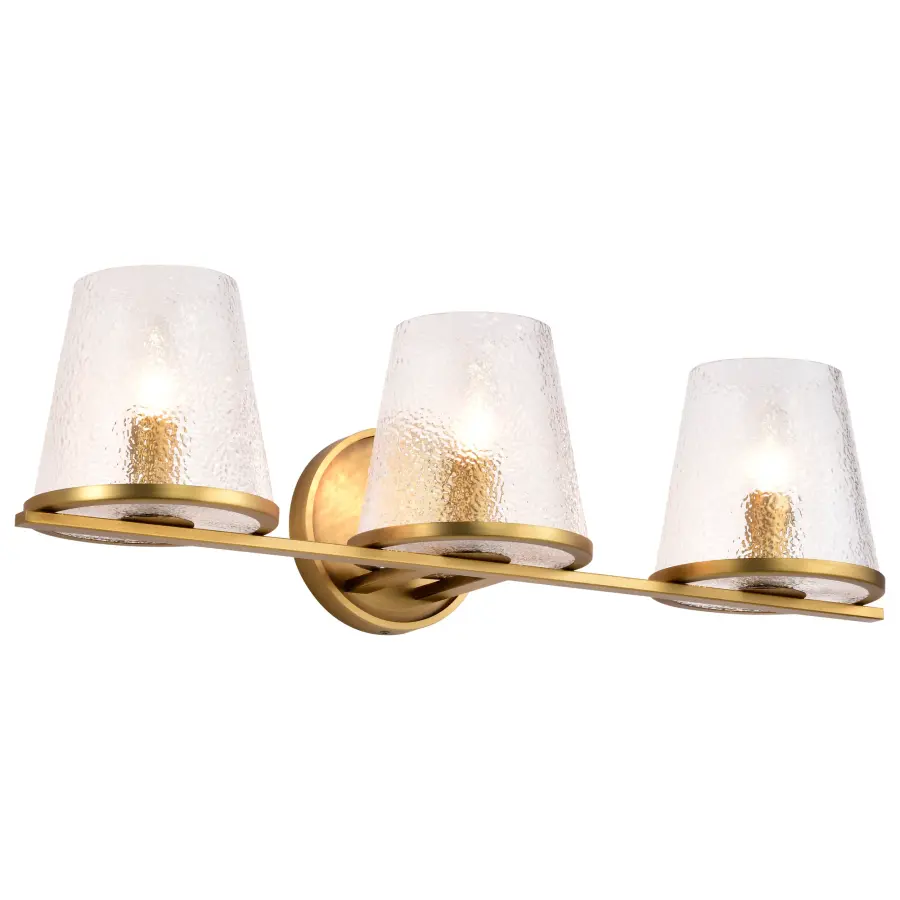 Valentine 3-Light Vanity in Vintage Brass with Hammered Glass - Image 4