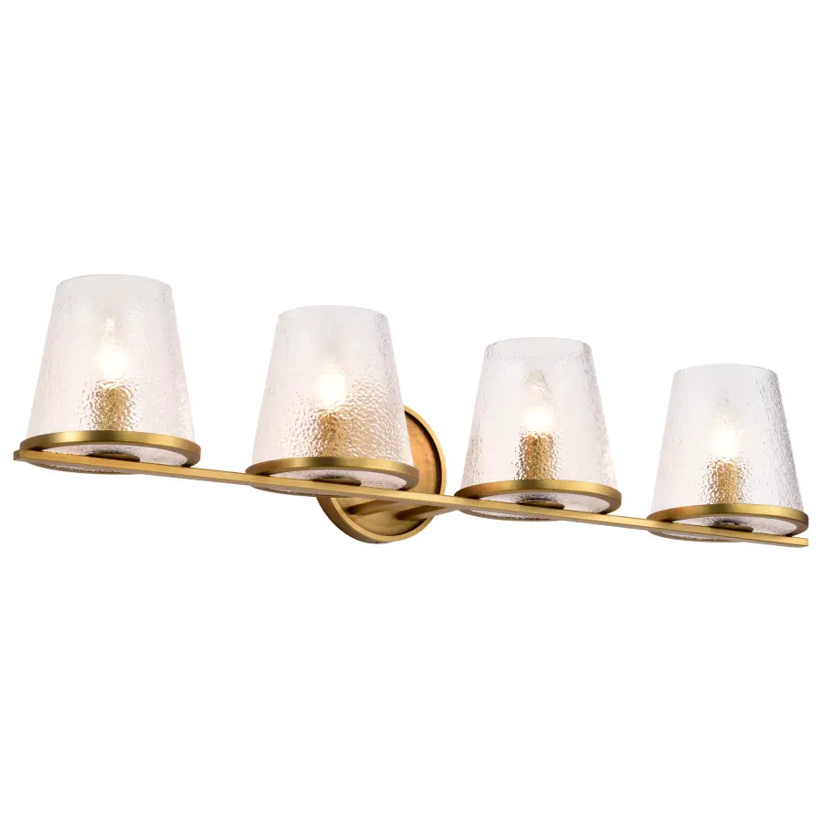 Valentine 4-Light Vanity in Vintage Brass with Hammered Glass - Image 2