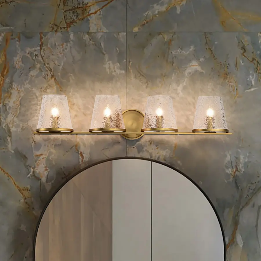 Valentine 4-Light Vanity in Vintage Brass with Hammered Glass - Image 16