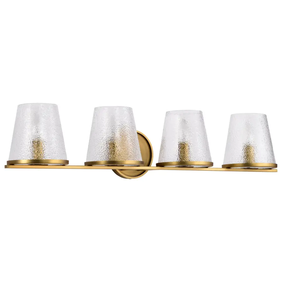 Valentine 4-Light Vanity in Vintage Brass with Hammered Glass - Image 3