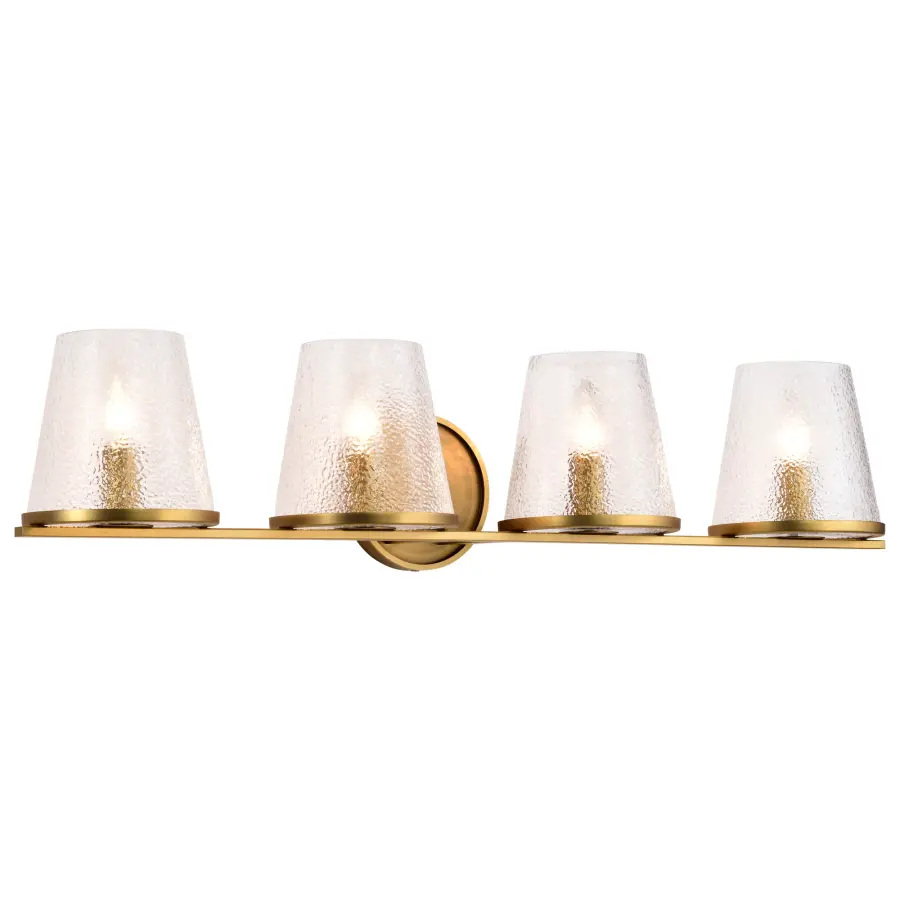 Valentine 4-Light Vanity in Vintage Brass with Hammered Glass - Image 4