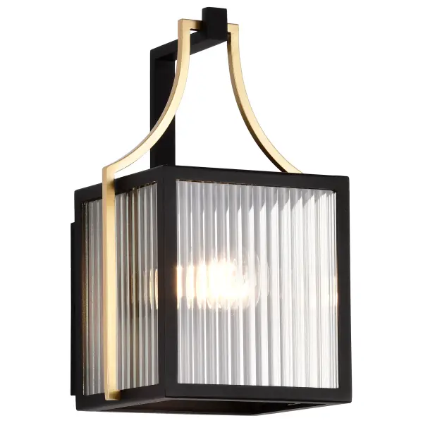 The Holden Small Outdoor Lantern combines sophisticated gold and black finishes with clear ribbed glass panels that beautifully refract light. Perfect for entryways and garden paths, this fixture delivers timeless craftsmanship. - alternate view