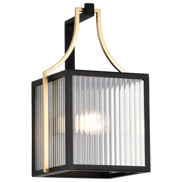 The Holden Medium Outdoor Lantern combines sophisticated black and gold finishes with clear ribbed glass panels that beautifully refract light. Perfect for entryways and garden paths, this fixture delivers timeless craftsmanship. - alternate view