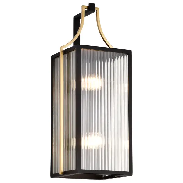 The Holden Large Outdoor Lantern combines sophisticated gold and black finishes with clear ribbed glass panels that beautifully refract light. Perfect for entryways and garden paths, this fixture delivers timeless craftsmanship. - alternate view