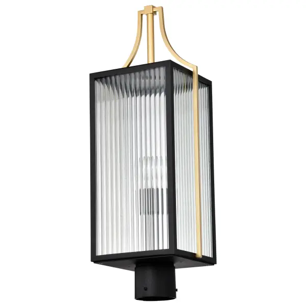 The Holden Outdoor Post Lantern combines sophisticated black and gold finishes with clear ribbed glass panels that beautifully refract light. Perfect for creating a warm, inviting ambiance at entryways or along garden paths.
