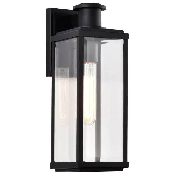 The Luca Medium Outdoor Lantern combines clean urban townhouse styling with timeless lantern design. Its sand black finish and clear beveled glass panels create sophisticated curb appeal perfect for modern homes. - alternate view
