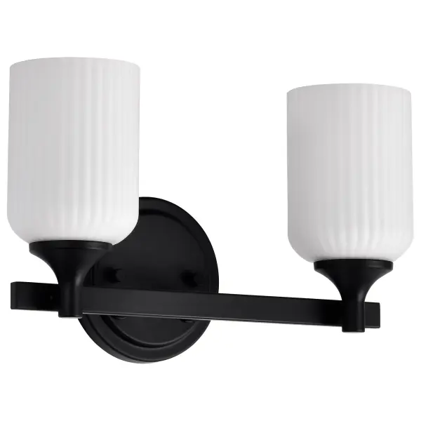 The Solara 2-Light Vanity combines graceful simplicity with fine details, featuring a matte black finish and frosted ribbed glass shades. Perfect for creating a serene bathroom ambiance with soft, inviting illumination.