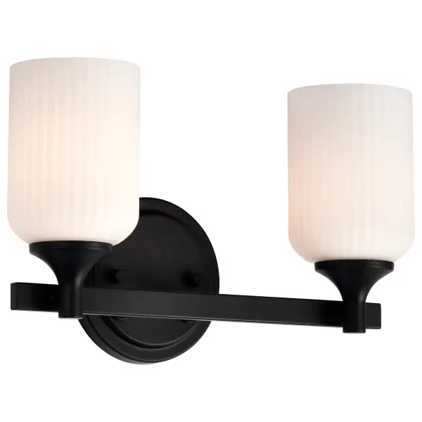 The Solara 2-Light Vanity combines graceful simplicity with fine details, featuring a matte black finish and frosted ribbed glass shades. Perfect for creating a serene bathroom ambiance with soft, inviting illumination. - alternate view
