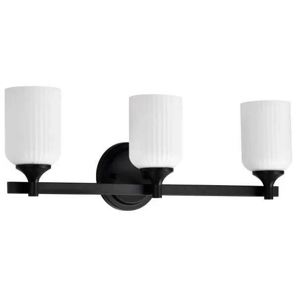 The Solara 3-Light Vanity combines graceful simplicity with fine details, featuring a matte black finish and frosted ribbed glass shades. Perfect for creating a serene bathroom ambiance with soft, inviting illumination.
