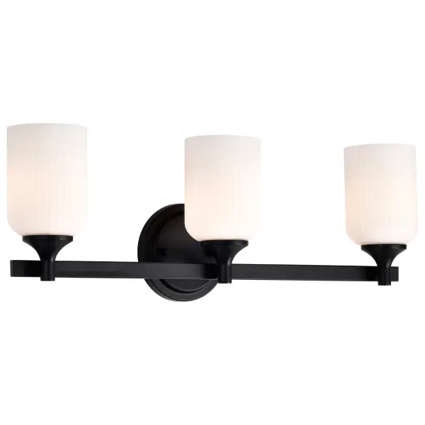 The Solara 3-Light Vanity combines graceful simplicity with fine details, featuring a matte black finish and frosted ribbed glass shades. Perfect for creating a serene bathroom ambiance with soft, inviting illumination. - alternate view