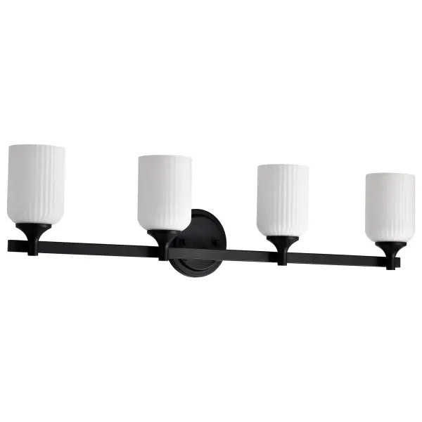 The Solara 4-Light Vanity combines timeless design with contemporary finishes. Its matte black frame and frosted ribbed glass shades create a sophisticated yet inviting ambiance, perfect for modern bathrooms seeking classic elegance.