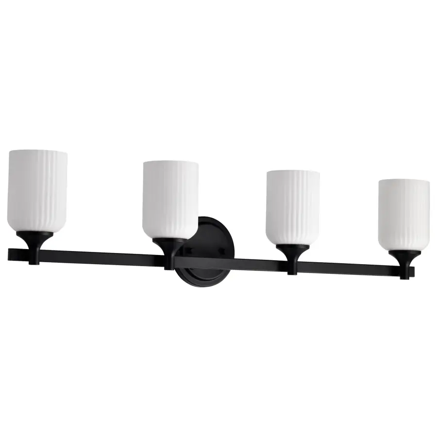 Solara 4-Light Vanity in Matte Black with Frosted Ribbed Glass - Image 1