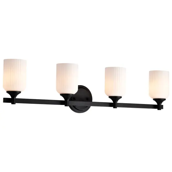 The Solara 4-Light Vanity combines timeless design with contemporary finishes. Its matte black frame and frosted ribbed glass shades create a sophisticated yet inviting ambiance, perfect for modern bathrooms seeking classic elegance. - alternate view