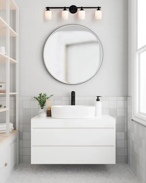Solara 4-Light Vanity in Matte Black with Frosted Ribbed Glass - Image 17