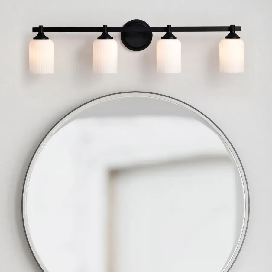 Solara 4-Light Vanity in Matte Black with Frosted Ribbed Glass - Image 18