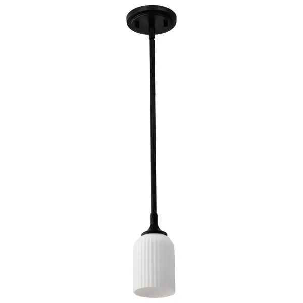 The Solara Mini Pendant offers timeless design with a fresh perspective, featuring a matte black finish and frosted ribbed glass that creates a soft, inviting glow. Perfect for smaller spaces or clustered installations.