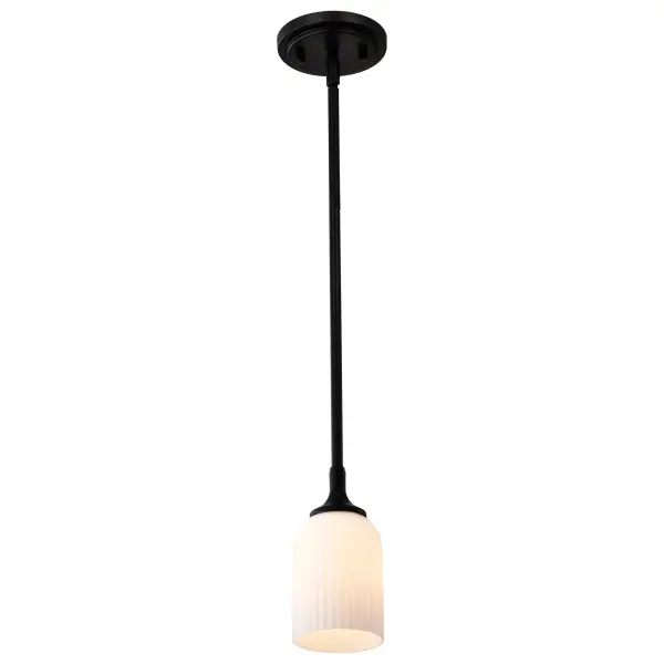The Solara Mini Pendant offers timeless design with a fresh perspective, featuring a matte black finish and frosted ribbed glass that creates a soft, inviting glow. Perfect for smaller spaces or clustered installations. - alternate view
