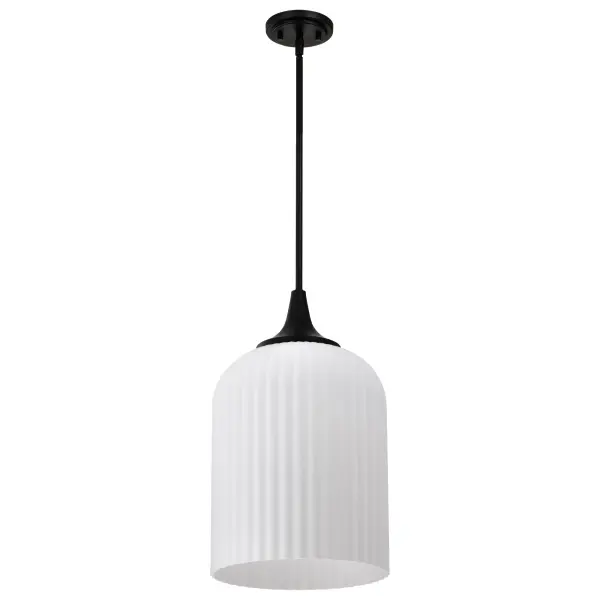 The Solara Pendant combines traditional styling with contemporary finishes for a transitional look that works in multiple settings. The frosted ribbed glass diffuses light beautifully while the matte black finish adds modern sophistication.