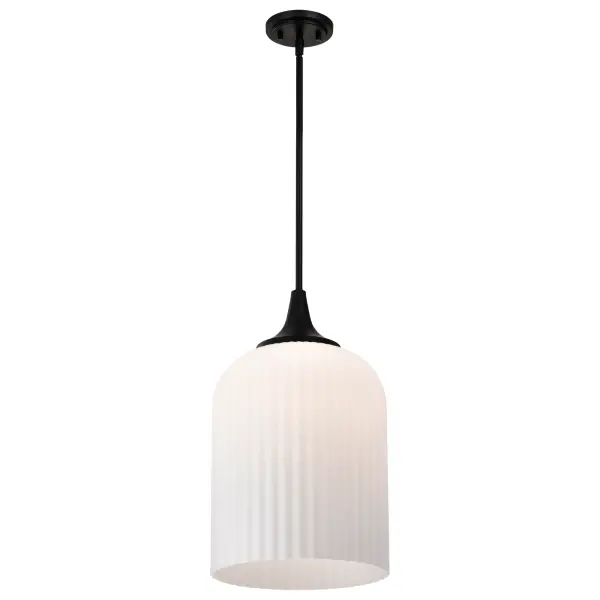 The Solara Pendant combines traditional styling with contemporary finishes for a transitional look that works in multiple settings. The frosted ribbed glass diffuses light beautifully while the matte black finish adds modern sophistication. - alternate view