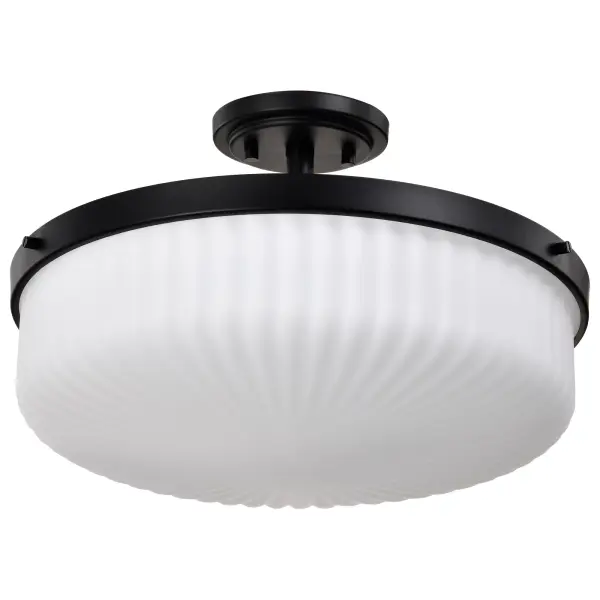 The Solara Semi Flush Mount combines traditional elegance with contemporary simplicity. Its matte black finish and frosted ribbed glass create a sophisticated yet serene ambiance, perfect for spaces with lower ceilings.