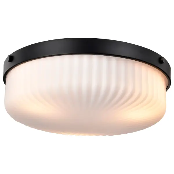 The Solara Flush Mount combines graceful simplicity with fine details, featuring a matte black finish and frosted ribbed glass that creates a soft, inviting glow. Perfect for low-ceiling spaces requiring sophisticated yet understated illumination. - alternate view