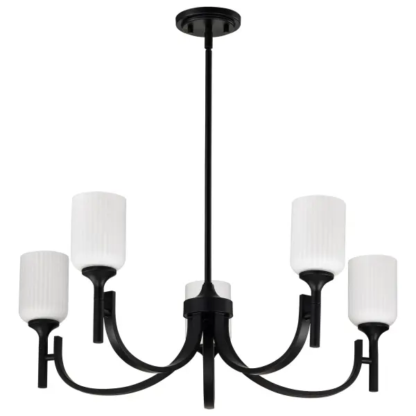 The Solara 5-Light Chandelier combines traditional grace with contemporary clean lines. Its matte black finish and frosted ribbed glass shades create a soft, inviting glow perfect for dining spaces and entryways.