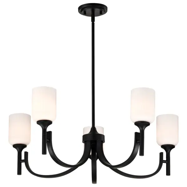 The Solara 5-Light Chandelier combines traditional grace with contemporary clean lines. Its matte black finish and frosted ribbed glass shades create a soft, inviting glow perfect for dining spaces and entryways. - alternate view