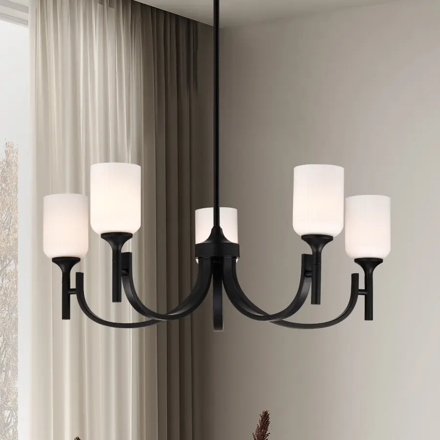 Solara 5-Light Chandelier in Matte Black with Frosted Ribbed Glass - Image 15