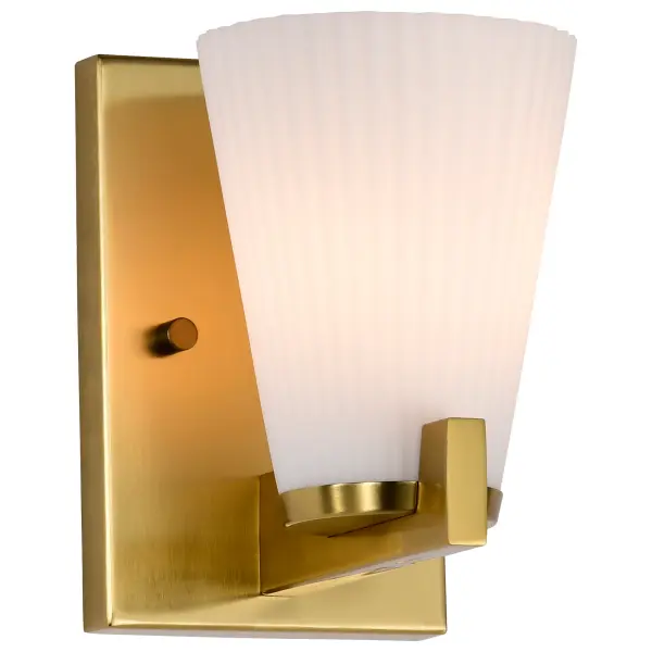 The Royale vanity light brings Art Deco glamour to modern bathrooms with its burnished brass finish and textured ribbed glass. The pleated white glass diffuses light beautifully while adding visual interest to any vanity space. - alternate view