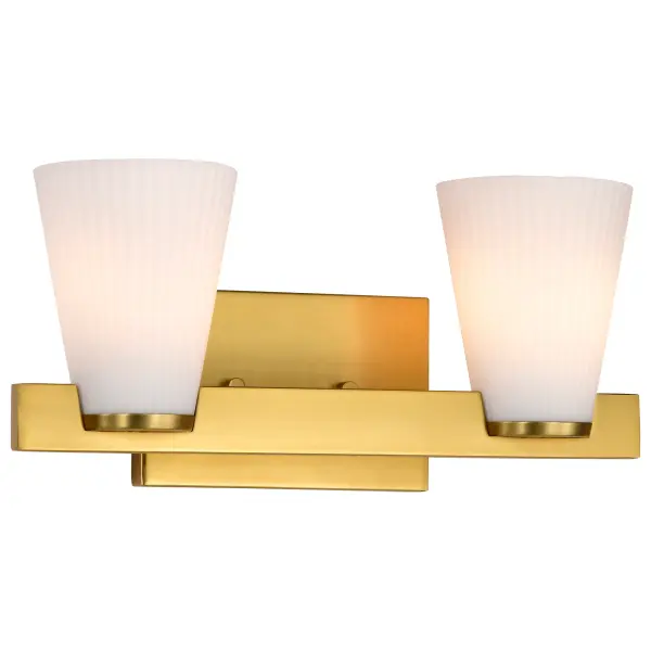 The Royale 2-Light Vanity brings Art Deco glamour to modern bathrooms with its burnished brass finish and textured ribbed white glass. The pleated glass diffuses light beautifully while adding visual interest. - alternate view
