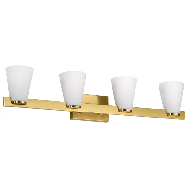 The Royale 4-Light Vanity brings Art Deco glamour to modern bathrooms with its burnished brass finish and ribbed white glass shades. The pleated glass diffuses light beautifully while adding texture and sophistication to any space.
