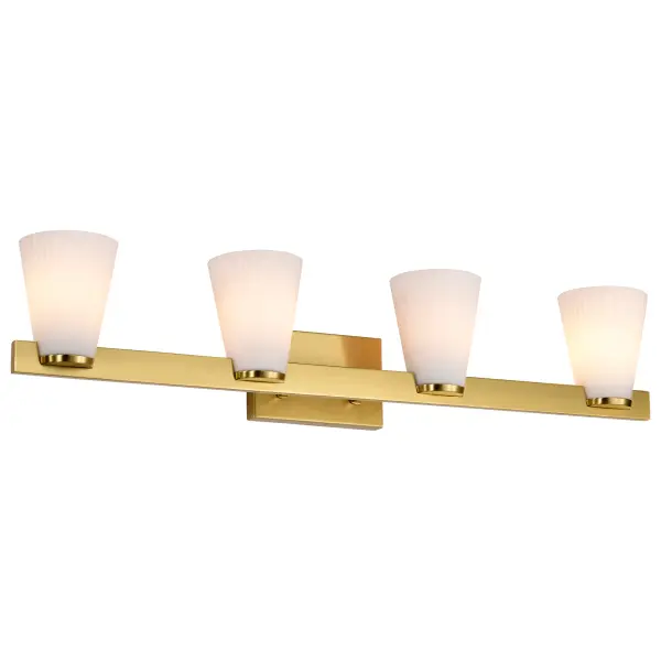 The Royale 4-Light Vanity brings Art Deco glamour to modern bathrooms with its burnished brass finish and ribbed white glass shades. The pleated glass diffuses light beautifully while adding texture and sophistication to any space. - alternate view