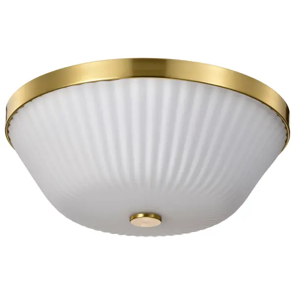 The Royale flush mount brings Art Deco elegance to low-ceiling spaces with its burnished brass finish and textured ribbed white glass. The pleated glass diffuses light beautifully while adding visual interest.