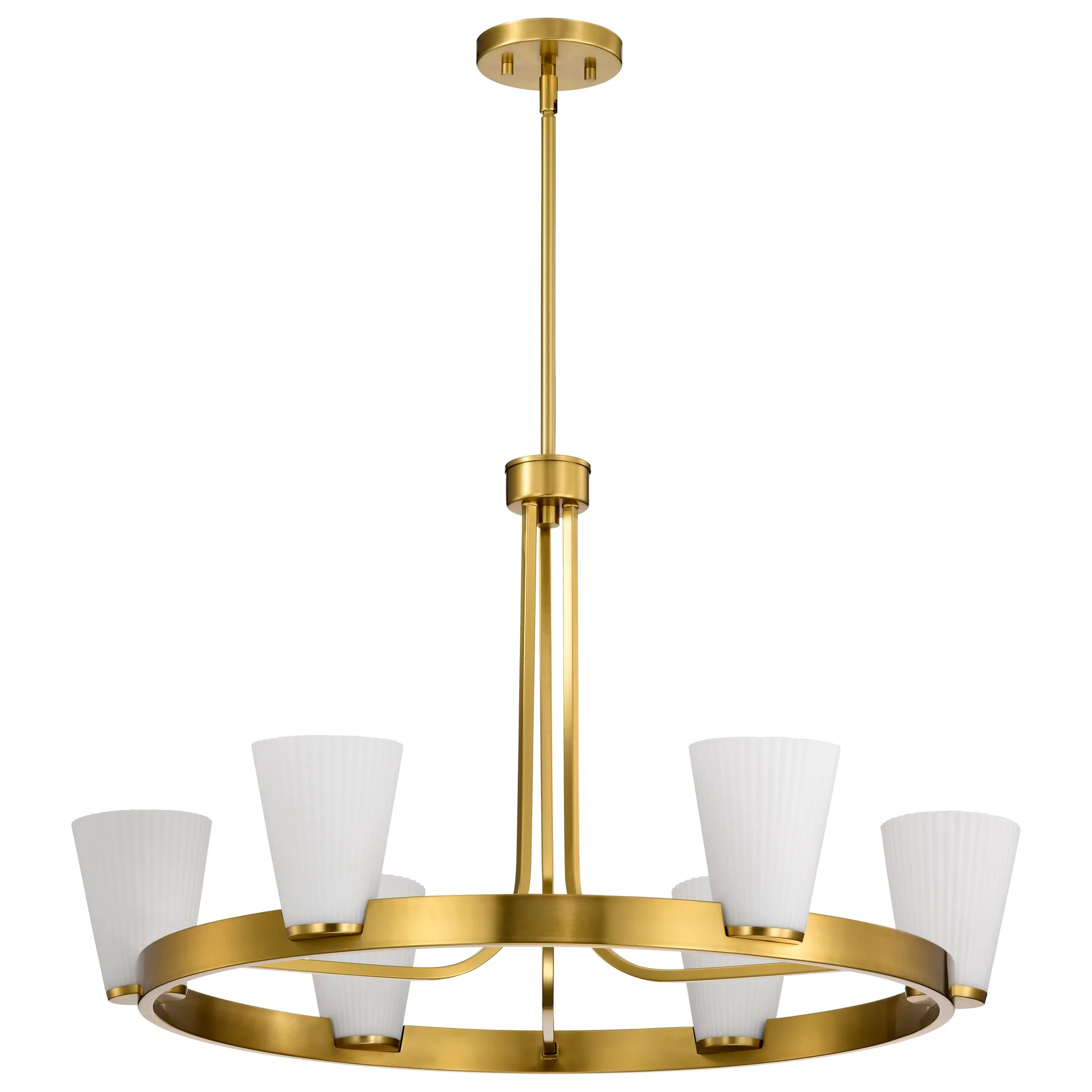 Royale 6-Light Chandelier in Burnished Brass with Ribbed White Glass