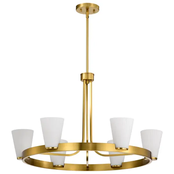 The Royale 6-Light Chandelier brings Art Deco glamour to modern spaces with its sleek silhouette and textured ribbed white glass. The burnished brass finish adds warmth and luxury, while the pleated glass diffuses light beautifully.