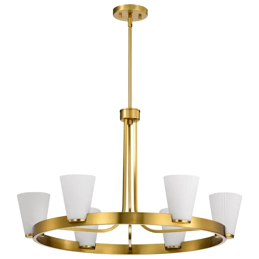 Royale 6-Light Chandelier in Burnished Brass with Ribbed White Glass - Image 1