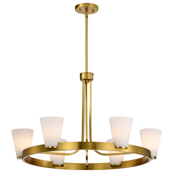 The Royale 6-Light Chandelier brings Art Deco glamour to modern spaces with its sleek silhouette and textured ribbed white glass. The burnished brass finish adds warmth and luxury, while the pleated glass diffuses light beautifully. - alternate view