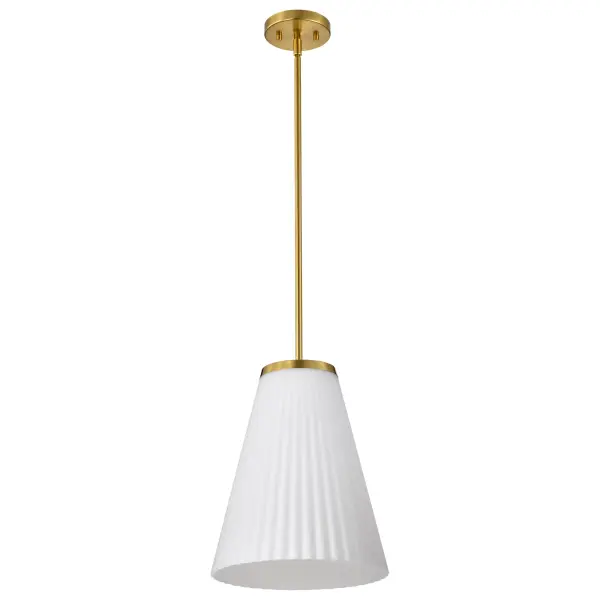 The Royale Large Pendant brings Art Deco glamour to modern spaces with its ribbed white glass shade and burnished brass finish. The pleated glass diffuses light beautifully while adding textural sophistication, making it perfect for dining rooms, kitchen islands, and entryways seeking elegant statement lighting.